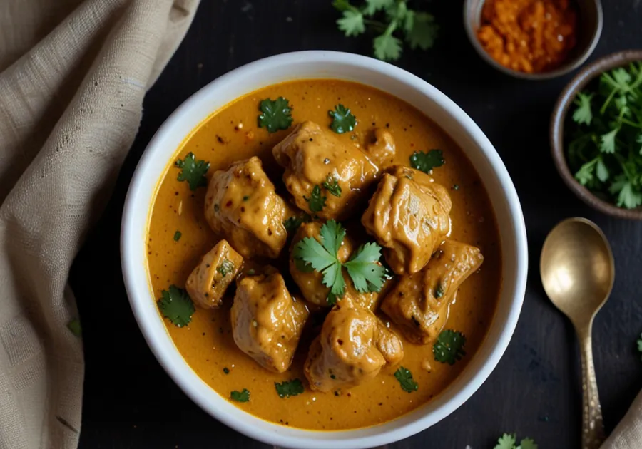 Butter chicken in a white bowl