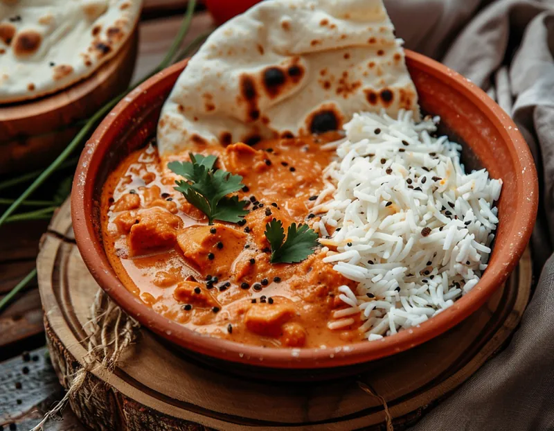 Vegetarian curry with rice and flatbread
