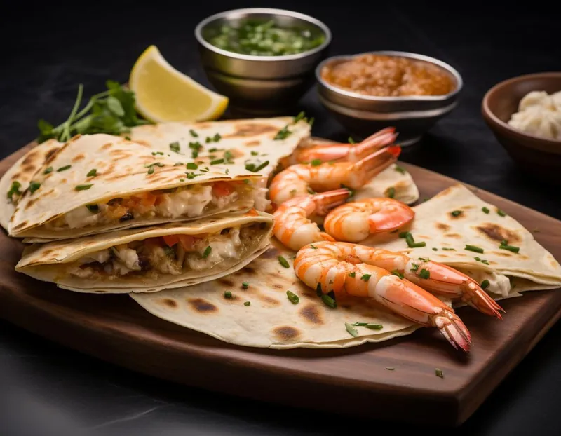 Curry, prawns and naan on a serving board