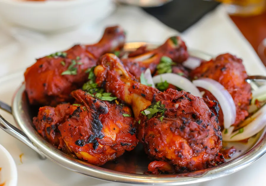 Tandoori chicken tikka pieces with sliced onion