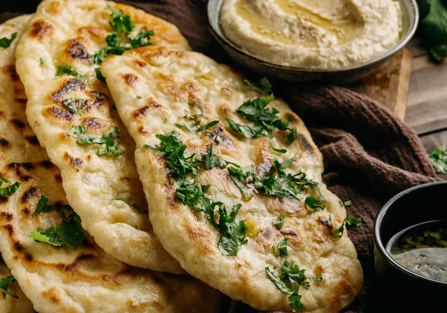 Garlic naan with herbs on a wooden board