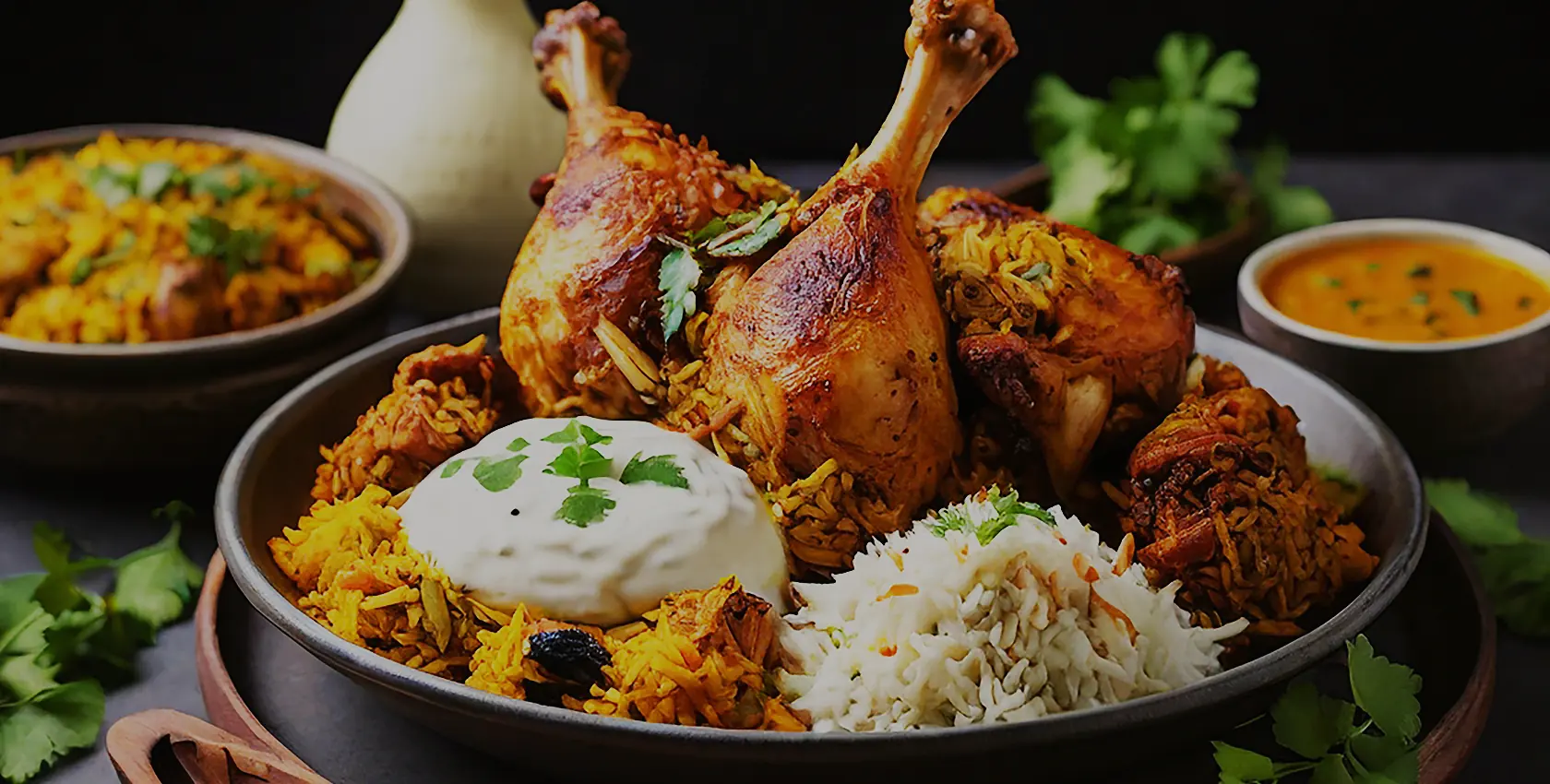 Chicken biryani with rice, yoghurt and curry served on a dark plate